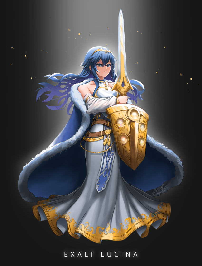 1girl alternate_costume bare_shoulders belly_chain black_background blue_eyes blue_hair burnt_green_tea collarbone collared_dress detached_sleeves dress english_text falchion_(fire_emblem) fire_emblem fire_emblem_awakening highres holding holding_sword holding_weapon jewelry long_dress long_hair lucina_(fire_emblem) shield sleeveless sleeveless_dress smile solo sunlight sword tiara weapon white_dress