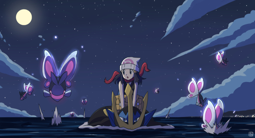1girl :o bare_arms beanie black_hair commentary_request hikari_(pokemon) empoleon finneon fish floating_scarf gen_4_pokemon hair_ornament hairclip hat long_hair looking_to_the_side moon mutou610 night outdoors pokemon pokemon_(creature) pokemon_(game) pokemon_dppt red_scarf riding_pokemon scarf sky sleeveless star_(sky) water watermark white_headwear