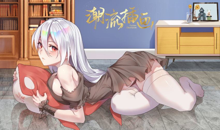 1girl absurdres aluo_7762 amiya_(arknights) arknights bangs bare_shoulders black_dress bookshelf dated doctor_(arknights) dress flower hair_between_eyes highres indoors inflatable_orca inflatable_toy kal'tsit_(arknights) long_hair looking_at_viewer microdress no_hat no_headwear red_eyes silver_hair skadi_(arknights) solo thigh-highs thighs translation_request white_legwear wrist_cuffs yellow_flower