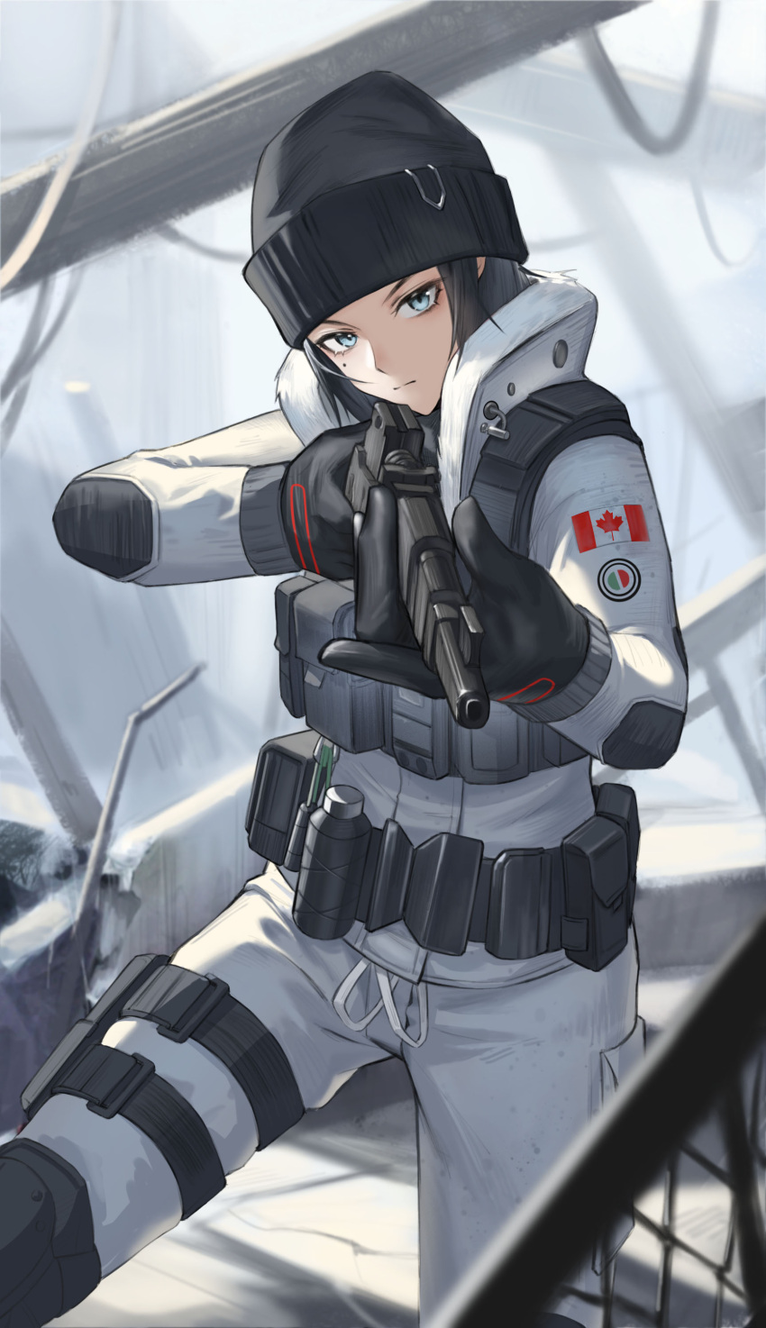 1girl absurdres arknights beanie belt bilibilida black_gloves black_hair black_headwear blue_eyes canadian_flag chinese_commentary closed_mouth coat cowboy_shot crossover day debris expressionless eyelashes frost_(rainbow_six_siege) gloves gun hat highres holding holding_gun holding_weapon holster knee_pads looking_at_viewer magazine_(weapon) mole mole_under_eye outdoors pants rainbow_six_siege ruins short_hair solo sunlight tactical_clothes thigh_holster thigh_strap utility_belt weapon white_coat white_pants