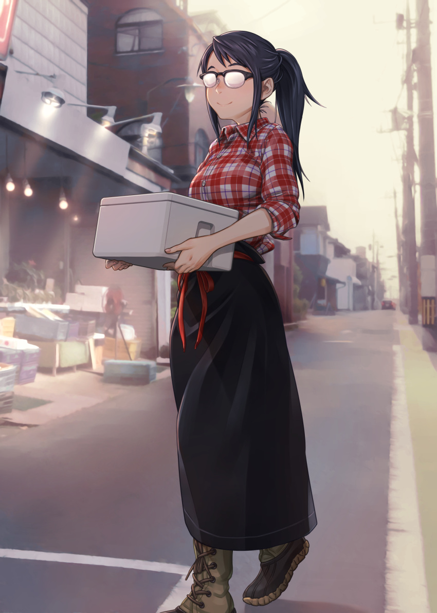 1girl black_hair black_skirt blurry blurry_background boots box brown_footwear building car carrying checkered checkered_shirt city clip_studio_paint_(medium) collared_shirt commentary_request depth_of_field facing_viewer glasses ground_vehicle highres houkago_teibou_nisshi house kobu_ride lamp lamppost lights long_hair long_skirt long_sleeves motor_vehicle oono_makoto opaque_glasses outdoors over-rim_eyewear partial_commentary plaid plaid_shirt ponytail power_lines road scenery semi-rimless_eyewear shadow shirt shop skirt sky sleeves_rolled_up smile solo street town utility_pole vanishing_point walking yellow_sky