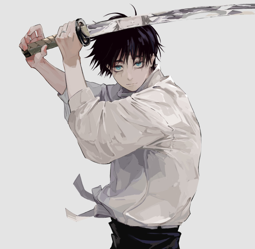 2boys bangs black_hair black_pants blue_eyes closed_mouth cowboy_shot fighting_stance fte_jwt getou_suguru high_collar highres holding holding_sword holding_weapon jacket jewelry jujutsu_kaisen katana long_sleeves looking_at_viewer male_focus multiple_boys okkotsu_yuuta out_of_frame pants reflection ring school_uniform short_hair simple_background solo_focus sparkle standing sword weapon white_background white_jacket
