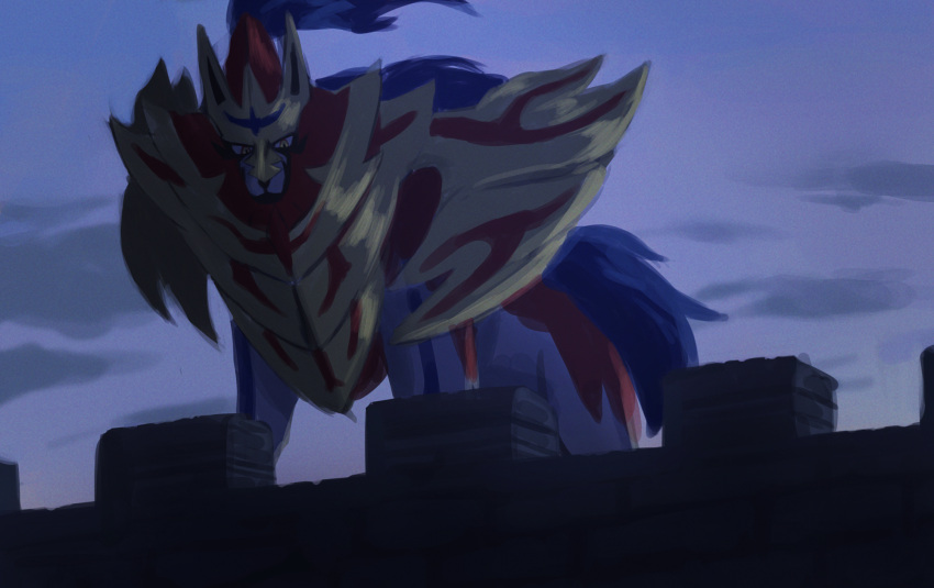 battlement closed_mouth clouds commentary_request from_below gen_8_pokemon highres legendary_pokemon looking_at_viewer no_humans one-hour_drawing_challenge outdoors pokemon pokemon_(creature) rend sky solo twilight zamazenta zamazenta_(crowned)