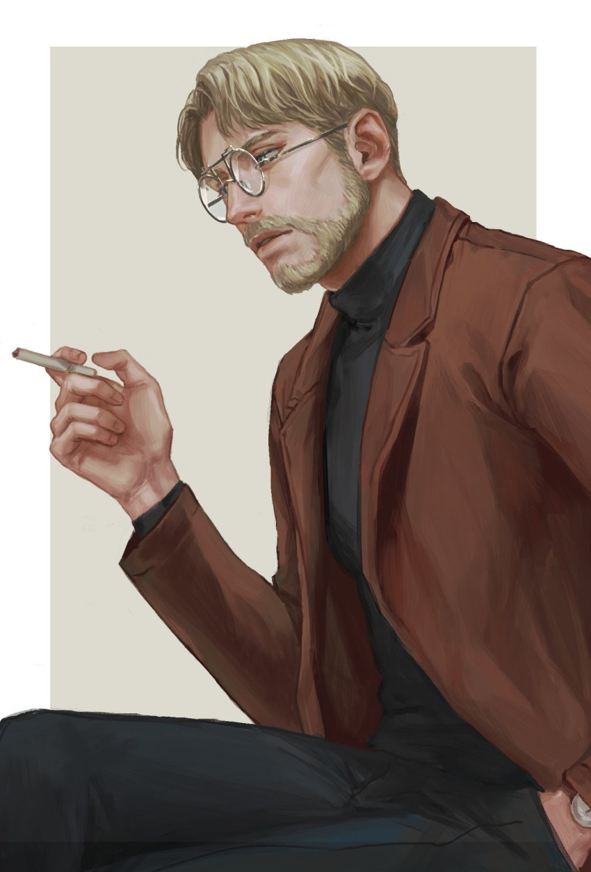 1boy bangs beard beige_background black_pants blazer blonde_hair blue_eyes cigarette expressionless facial_hair feet_out_of_frame from_side glasses hand_in_pocket hand_up highres holding holding_cigarette jacket looking_to_the_side male_focus mustache otakumi_(user_krmf7787) pants parted_bangs parted_lips round_eyewear shingeki_no_kyojin short_hair sitting solo turtleneck two-tone_background watch zeke_yeager