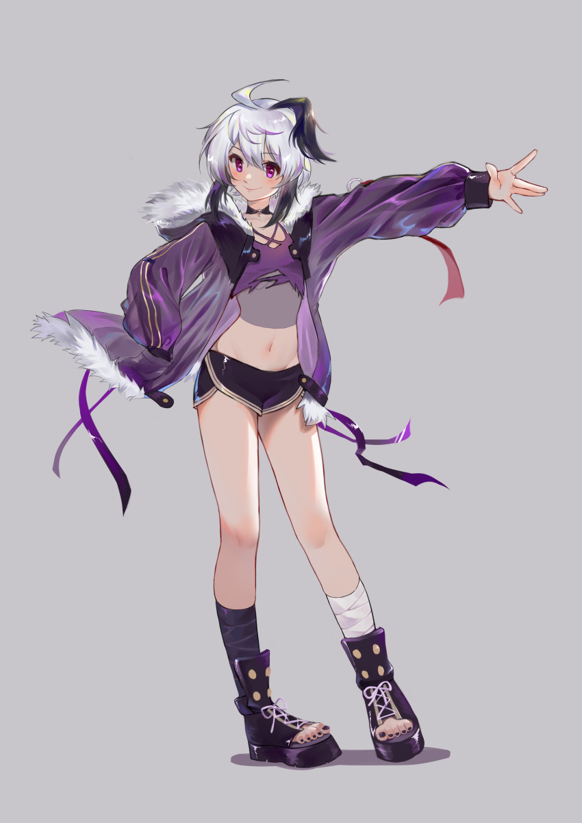 1girl 54haikyo absurdres ahoge androgynous bandaged_leg bandages boots criss-cross_halter crop_top flat_chest flower_(vocaloid) fur-trimmed_jacket fur_trim gynoid_talk halterneck hand_in_pocket head_tilt highres jacket looking_at_viewer midriff multicolored_hair navel outstretched_arm purple_hair purple_jacket purple_nails purple_shirt purple_shorts see-through_shirt shirt short_hair short_shorts shorts sidelocks smile solo streaked_hair toeless_footwear torn_clothes torn_shirt v_flower_(gynoid_talk) v_flower_(vocaloid4) vocaloid white_hair
