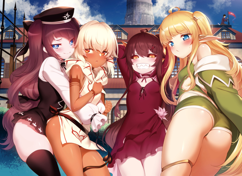 4girls bangs bare_shoulders blonde_hair blue_eyes blush breasts brown_hair dark_skin dark-skinned_female grin long_hair looking_at_viewer m-da_s-tarou multiple_girls orange_eyes pointy_ears short_hair small_breasts smile thigh-highs thighs white_hair