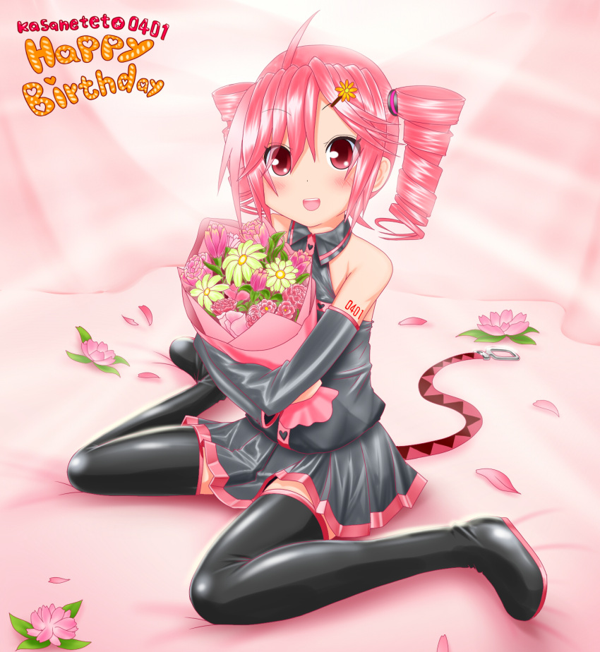 1girl bare_shoulders belt black_legwear black_shirt black_skirt black_sleeves bouquet character_name commentary curtains detached_sleeves drill_hair flower full_body hair_tie happy_birthday highres holding holding_bouquet kasane_teto kazu-chan looking_at_viewer lotus miniskirt open_mouth petals pink_flower pleated_skirt red_eyes redhead shiny shiny_clothes shirt short_hair shoulder_tattoo sitting skirt sleeveless sleeveless_shirt smile solo tattoo thigh-highs twin_drills utau wariza zettai_ryouiki