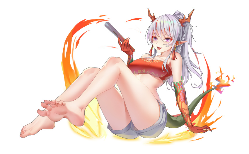 1girl :d absurdres aluo_7762 arknights bandeau bare_legs bare_shoulders barefoot braid breasts hand_up highres holding horns long_hair looking_at_viewer medium_breasts midriff multicolored_hair nian_(arknights) open_mouth pointy_ears redhead short_shorts shorts silver_hair simple_background single_braid sitting smile solo strapless streaked_hair tail thighs tongue tongue_out tubetop violet_eyes white_background white_shorts