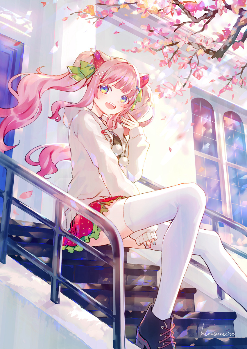 1girl artist_name bangs black_footwear blue_eyes building cherry_blossoms food_print hair_ornament hair_ribbon highres hinasumire hood hoodie looking_at_viewer open_mouth original outdoors pink_hair pom_pom_(clothes) ribbon shoes signature sitting skirt solo stairs strawberry_print thigh-highs twintails white_legwear x_hair_ornament