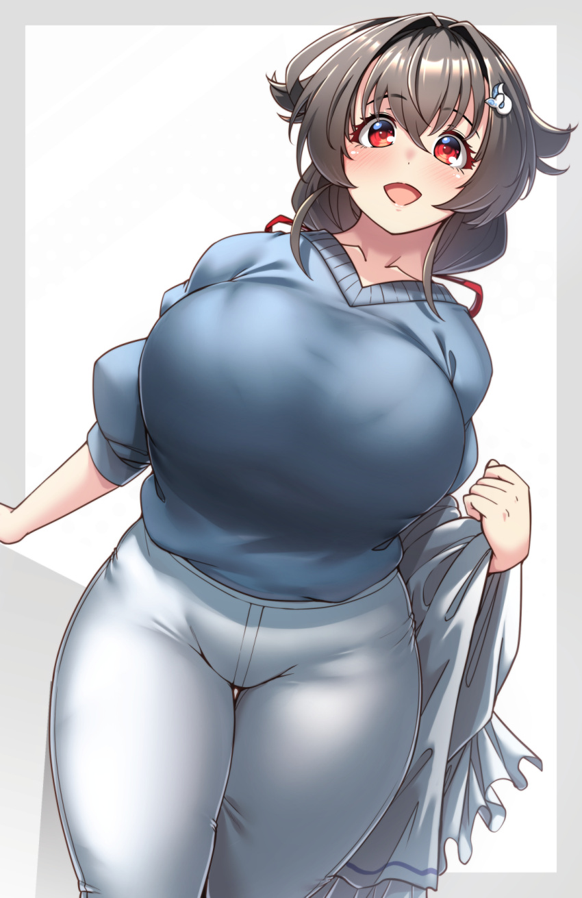 1girl black_hair blue_shirt blush breasts casual commentary_request denim eyebrows_visible_through_hair hair_flaps hair_ornament highres huge_breasts jingei_(kancolle) kantai_collection konoshige_(ryuun) long_hair looking_at_viewer official_alternate_costume open_mouth pants red_eyes revision shirt simple_background smile solo whale_hair_ornament white_pants