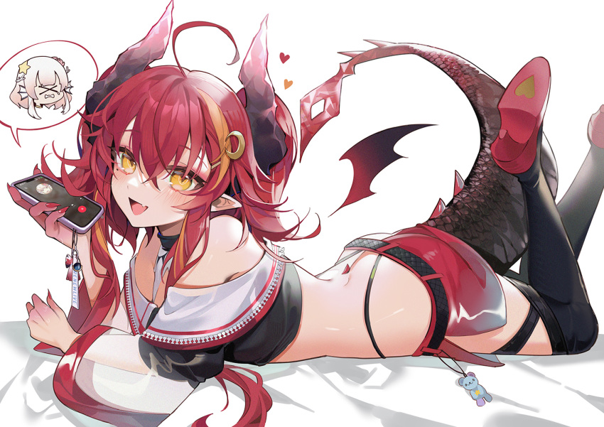 1girl :d ahoge ass bare_shoulders belt black_choker black_legwear black_shirt cellphone choker crop_top demon_girl demon_horns demon_tail fang hair_between_eyes hair_ornament highleg holding horns legs_up long_hair long_sleeves looking_at_viewer lying machi_(7769) midriff miniskirt mole mole_under_eye multicolored_hair off_shoulder on_stomach open_mouth phone pointy_ears red_footwear red_skirt redhead renewlive see-through_sleeves shirt shoes side_slit sidelocks simple_background skirt smartphone smile solo streaked_hair suda_yoruka tail thigh-highs twintails virtual_youtuber white_background wide_sleeves yellow_eyes zettai_ryouiki