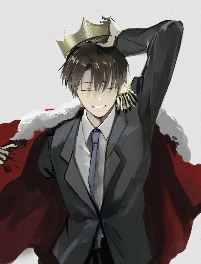 1boy absurdres arm_up bangs cloak closed_eyes crown eyebrows_visible_through_hair formal fur-trimmed_cloak fur_trim grey_background highres huge_filesize idolmaster idolmaster_shiny_colors kame_un male_focus necktie producer_(idolmaster) red_cloak short_hair simple_background solo suit upper_body