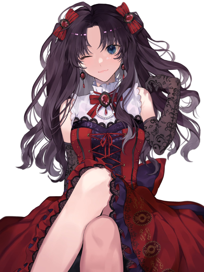 1girl :3 arm_support bangs bare_shoulders beads black_gloves black_hair bow breasts crossed_legs dress earrings elbow_gloves frilled_dress frills gem gloves hair_bow hand_up highres jewelry long_hair medium_breasts one_eye_closed parted_bangs red_bow red_dress shimatori_(sanyyyy) simple_background sitting smile solo striped striped_bow two_side_up white_background