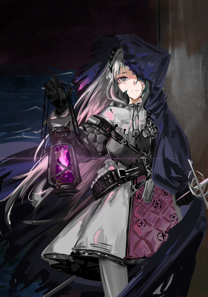 1girl ammunition_belt arknights black_cape black_dress black_gloves cape cowboy_shot crying crying_with_eyes_open dress gloves grey_eyes grey_hair gun hand_up handgun head_wings highres holding holding_lantern holstered_weapon hood hood_up hooded_cape irene_(arknights) juqixielou67471 lantern long_sleeves looking_at_viewer multicolored_clothes multicolored_dress one_eye_covered pantyhose pink_dress rapier scales sheath sheathed solo sword tears weapon white_dress white_pantyhose