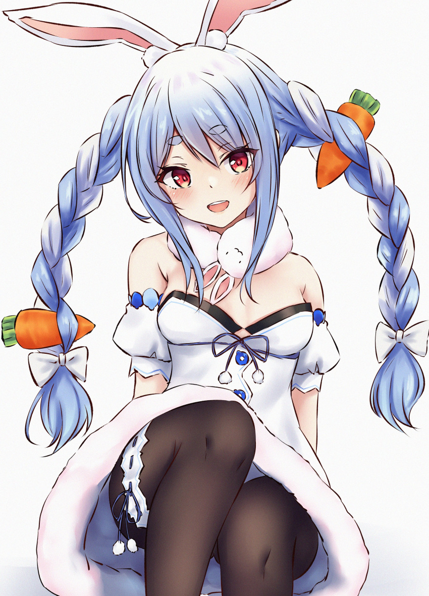 1girl :d absurdres animal_ear_fluff animal_ears arm_support bangs bare_shoulders black_legwear blue_hair blue_ribbon blush bow braid breasts carrot carrot_hair_ornament commentary_request detached_sleeves don-chan_(usada_pekora) dress eyebrows_visible_through_hair feet_out_of_frame food_themed_hair_ornament fur_trim hair_bow hair_ornament hair_ribbon head_tilt highres hololive leg_garter long_hair looking_at_viewer medium_breasts multicolored_hair open_mouth pantyhose pikao pom_pom_(clothes) puffy_short_sleeves puffy_sleeves rabbit_ears red_eyes ribbon short_sleeves sidelocks silver_hair simple_background sitting smile solo thick_eyebrows tress_ribbon twin_braids twintails two-tone_hair usada_pekora very_long_hair virtual_youtuber white_background white_bow white_dress