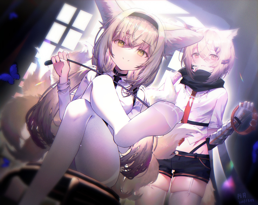 2girls absurdres animal_ears arknights artist_name bangs black_collar black_neckwear black_shorts blonde_hair bug butterfly collar crossed_legs dated eyebrows_visible_through_hair fang_necklace fox_ears fox_girl fox_tail garter_straps hair_between_eyes hairband highres holding holding_collar holding_whip huge_filesize insect long_hair long_sleeves looking_at_viewer low_twintails micro_shorts moonlgnance multiple_girls multiple_tails necktie notched_ear pantyhose prosthesis prosthetic_arm red_collar riding_crop shirt shorts sitting skindentation smile suzuran_(arknights) tail thigh-highs twintails vermeil_(arknights) whip white_legwear white_shirt yellow_eyes