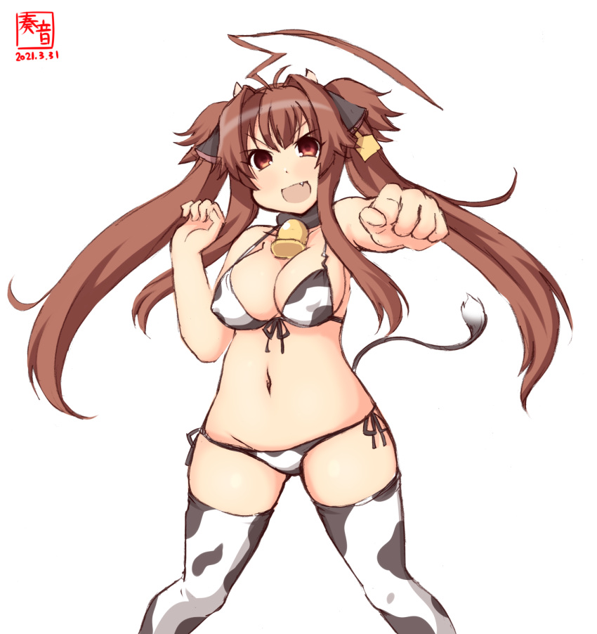 1girl ahoge alternate_costume animal_ears animal_print artist_logo bell bikini breasts brown_eyes brown_hair clenched_hand commentary_request cow_ears cow_horns cow_print cow_tail cowbell cowboy_shot dated ear_tag fang foreshortening front-tie_top groin highres horns huge_ahoge kanon_(kurogane_knights) kantai_collection kuma_(kancolle) long_hair lowleg lowleg_bikini medium_breasts one-hour_drawing_challenge punching side-tie_bikini simple_background solo swimsuit tail thigh-highs two_side_up white_background white_bikini white_legwear