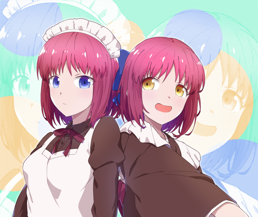 2girls absurdres azami_masurao back-to-back blue_eyes blue_ribbon blush highres hisui_(tsukihime) japanese_clothes kimono kohaku_(tsukihime) looking_at_viewer maid_headdress multiple_girls neck_ribbon redhead ribbon short_hair siblings sisters smile stipple_coloring tsukihime twins upper_body wide_sleeves yellow_eyes zoom_layer