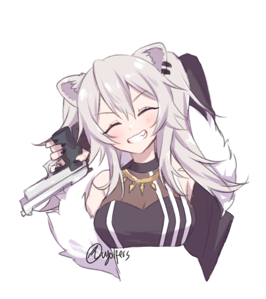 1girl ^_^ animal_ear_fluff animal_ears arm_behind_head bangs black_jacket breasts closed_eyes ear_piercing fur_trim grey_hair gun hair_between_eyes handgun head_tilt highres holding holding_gun holding_weapon hololive jacket lion_ears lion_girl medium_breasts off_shoulder piercing pistol shishiro_botan smile solo upper_body virtual_youtuber vyolfers weapon white_background