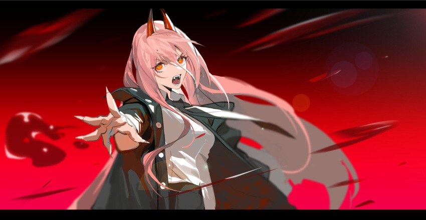 +_+ 1girl bijian_de_linghun black_coat black_neckwear blood blood_splatter blurry blurry_foreground breasts chainsaw_man chinese_commentary coat collared_shirt commentary demon_horns dress_shirt english_commentary eyelashes fangs fingernails floating_hair foreshortening gradient gradient_background hair_between_eyes highres horns lens_flare letterboxed long_hair looking_at_viewer medium_breasts mixed-language_commentary motion_blur necktie open_clothes open_coat open_mouth outstretched_hand pink_hair power_(chainsaw_man) red_background red_eyes sharp_fingernails sharp_teeth shirt simple_background solo teeth upper_body very_long_hair white_shirt wing_collar