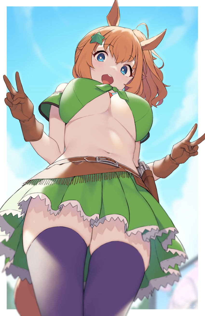 1girl absurdres animal_ears ass_visible_through_thighs bangs blue_eyes blue_sky blush breasts brown_gloves cloba commentary day double_v eyebrows_visible_through_hair from_below front-tie_top gloves green_gloves green_skirt hair_ornament highres horse_ears horse_girl horse_tail large_breasts long_hair looking_at_viewer looking_down miniskirt navel open_mouth orange_hair pleated_skirt ponytail skindentation skirt sky smile solo standing star_(symbol) star_hair_ornament taiki_shuttle_(umamusume) tail thigh-highs umamusume under_boob v