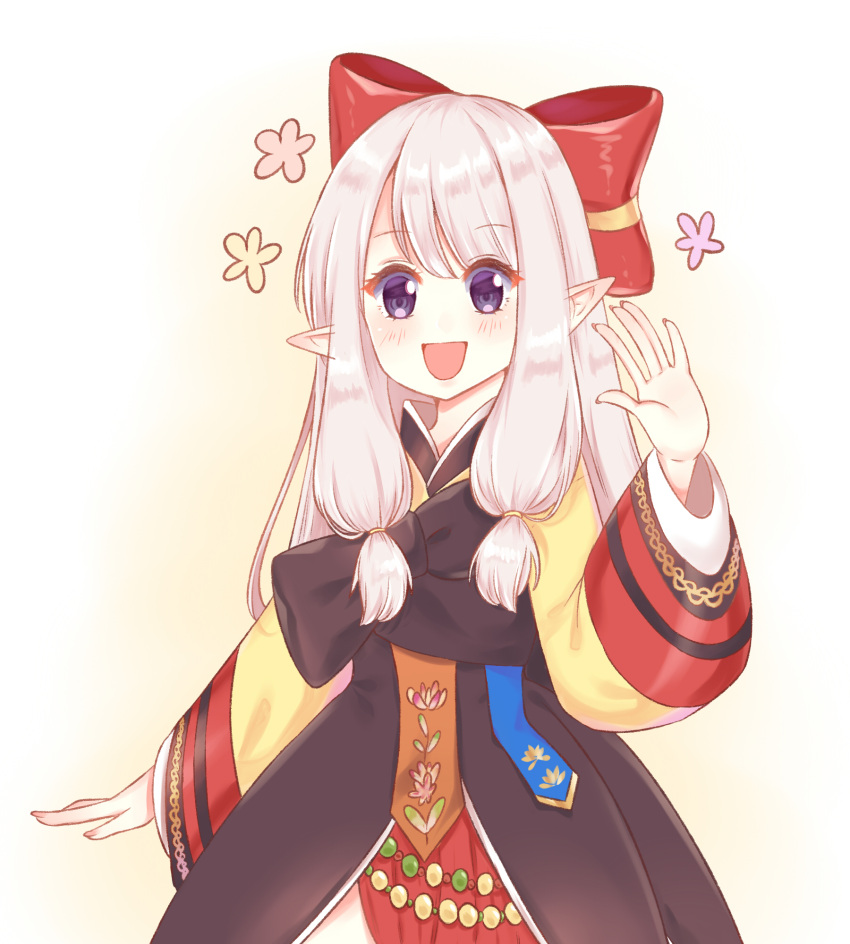 1girl :d bangs black_bow blush bow brown_background eyebrows_visible_through_hair floral_background gradient gradient_background hair_bow hanbok hand_up high_priest_(ragnarok_online) highres korean_clothes light_(luxiao_deng) long_hair long_sleeves looking_at_viewer open_mouth pointy_ears puffy_long_sleeves puffy_sleeves ragnarok_online red_bow silver_hair smile solo violet_eyes white_background