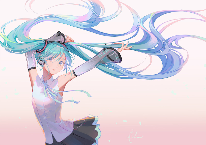 1girl absurdly_long_hair aqua_eyes aqua_hair aqua_nails aqua_neckwear aqua_ribbon arms_up bare_shoulders black_skirt commentary detached_sleeves floating_hair hair_ornament hatsune_miku hatsune_miku_(nt) head_tilt headphones highres koichame layered_sleeves leaning_forward long_hair looking_at_viewer miniskirt nail_polish neck_ribbon outstretched_arms piapro pink_background pleated_skirt ribbon see-through_sleeves shirt shoulder_tattoo skirt sleeveless sleeveless_shirt smile solo tattoo twintails upper_body very_long_hair vocaloid white_shirt white_sleeves