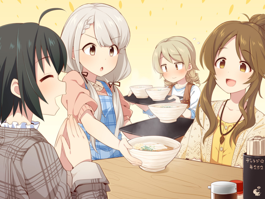 4girls :d ^_^ ahoge apron bangs black_hair black_ribbon blue_apron blush bowl braid braided_bangs brown_eyes brown_hair brown_jacket brown_shirt closed_eyes closed_mouth collared_shirt commentary_request dress_shirt eyebrows_visible_through_hair flying_sweatdrops food grey_hair hair_bun hair_over_shoulder hair_ribbon hisakawa_nagi holding holding_bowl holding_tray idolmaster idolmaster_cinderella_girls jacket kohinata_miho light_brown_hair long_hair low_twintails morikubo_nono multiple_girls open_clothes open_jacket open_mouth parted_bangs parted_lips pink_sweater profile puffy_short_sleeves puffy_sleeves ribbon ringlets shirt short_sleeves smile steepled_fingers sweater table takamori_aiko tray twintails uccow v-shaped_eyebrows very_long_hair white_shirt wide_sleeves yellow_shirt