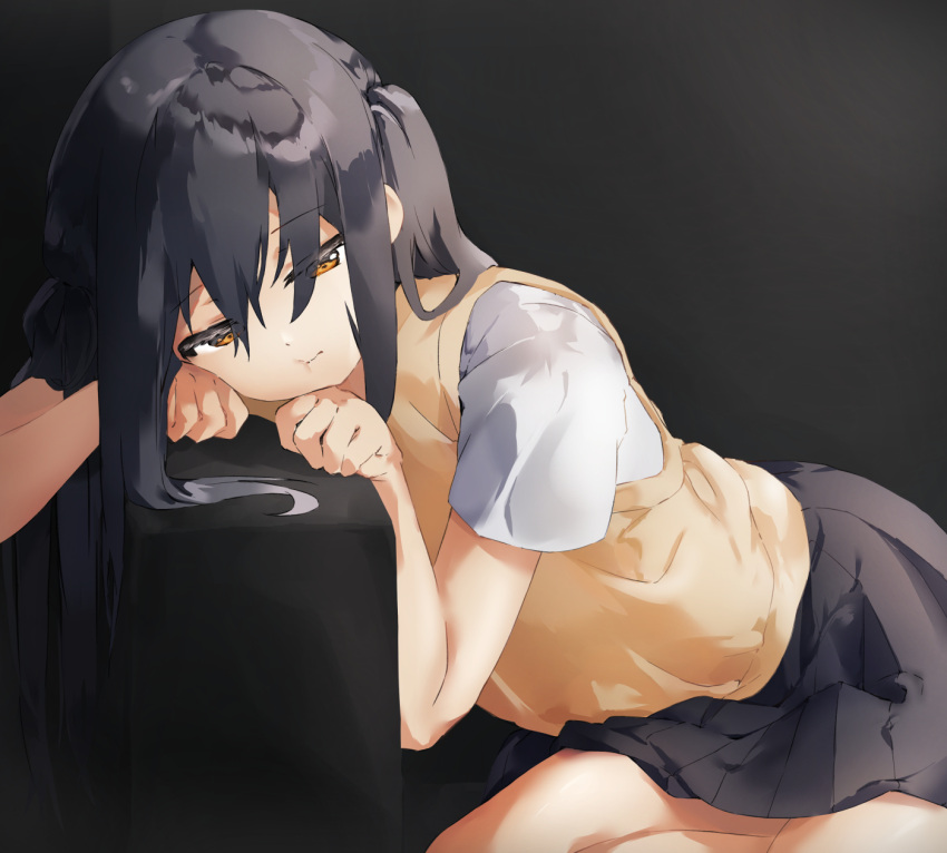 1girl bangs black_hair black_skirt brown_eyes clenched_hands closed_mouth commentary dark_background eyebrows_visible_through_hair hair_between_eyes half-closed_eyes head_rest highres k-on! long_hair looking_down mint_ch nakano_azusa sad school_uniform shirt short_sleeves simple_background sitting skirt sleeveless_sweater solo sweater tagme twintails white_shirt yellow_sweater