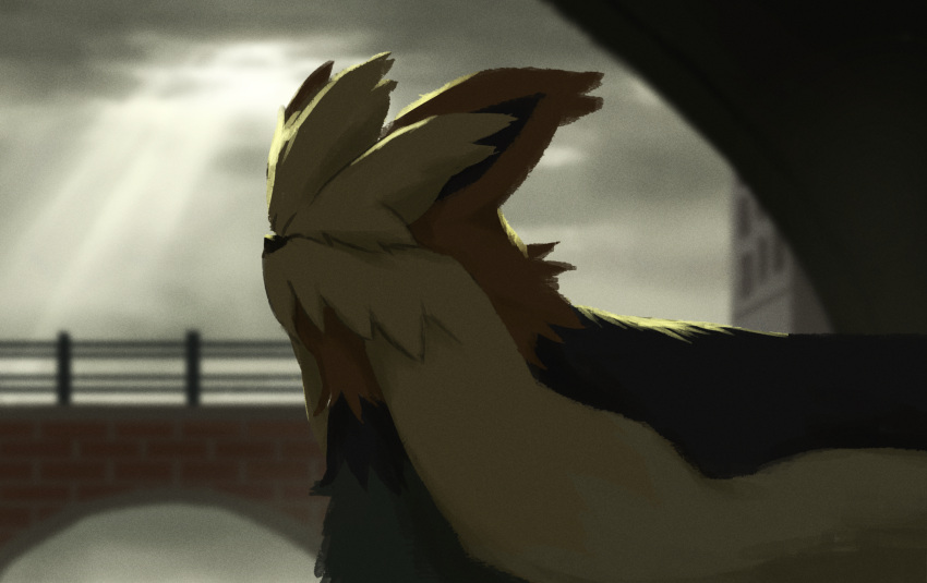 blurry bridge building clouds commentary_request dog gen_5_pokemon highres light_beam no_humans one-hour_drawing_challenge outdoors pokemon pokemon_(creature) rend solo stoutland