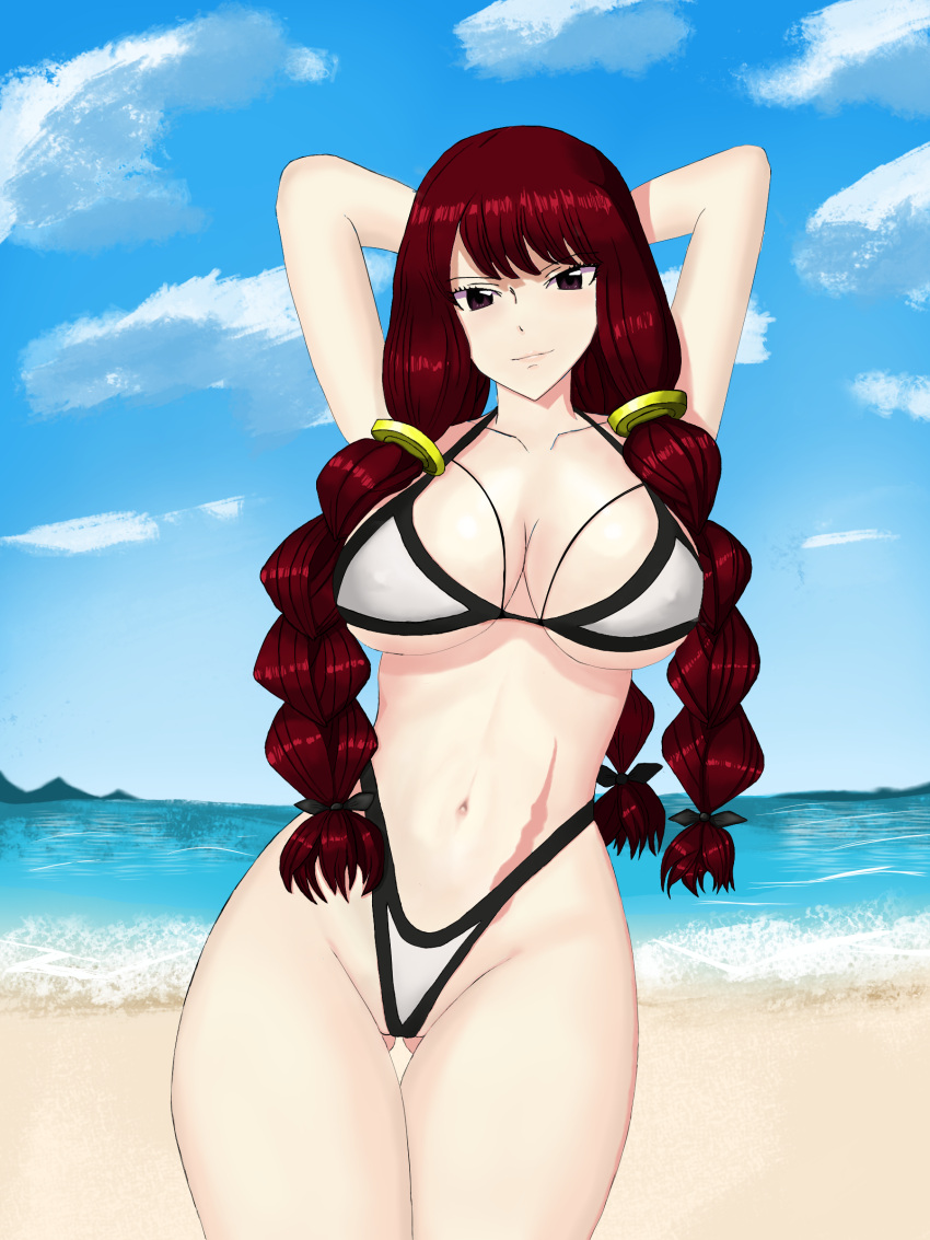 1girl absurdres beach bikini breasts fairy_tail highleg highleg_bikini highleg_swimsuit highres irene_belserion large_breasts long_hair redhead roklus swimsuit
