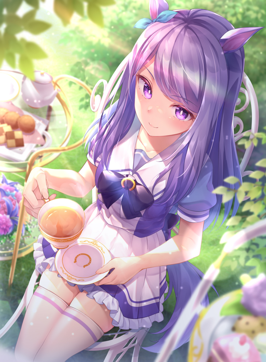 1girl absurdres animal_ears bangs blue_ribbon blush chair collarbone commentary_request cup ear_ribbon eyebrows_visible_through_hair food frilled_skirt frills from_above glass_table grass henacho highres holding holding_cup holding_saucer horse_ears horse_girl horse_tail long_hair looking_at_viewer mejiro_mcqueen outdoors plant purple_hair purple_shirt ribbon saucer shirt short_sleeves sitting skirt smile solo sweets swept_bangs table tail tea_set teacup teapot thigh-highs umamusume violet_eyes white_legwear white_skirt