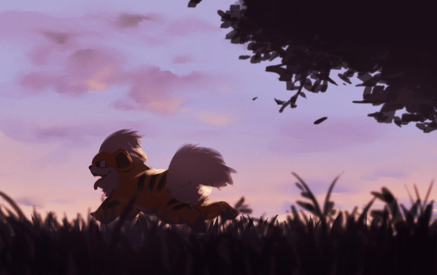 clouds commentary_request from_below from_side gen_1_pokemon grass growlithe highres leaves_in_wind no_humans one-hour_drawing_challenge open_mouth outdoors pokemon pokemon_(creature) rend running sky solo tongue tongue_out
