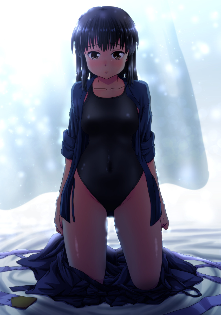 1girl absurdres black_eyes black_hair black_swimsuit breasts commentary_request competition_swimsuit curtains full_body hakama highres japanese_clothes kneeling long_hair looking_at_viewer medium_breasts one-piece_swimsuit original solo swimsuit tennouji_masamichi undressing