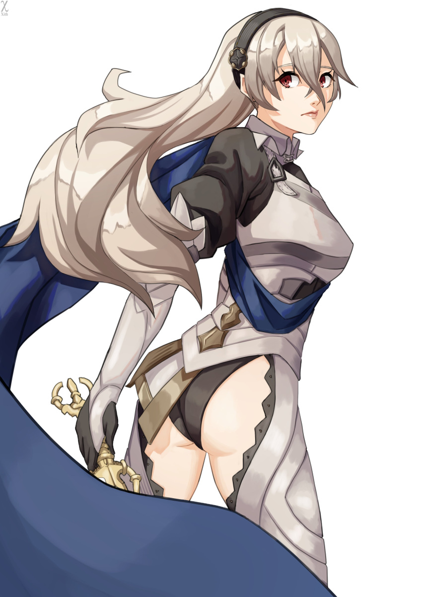 1girl absurdres armor ass black_panties blue_cape breasts cape commentary corrin_(fire_emblem) corrin_(fire_emblem)_(female) cowboy_shot english_commentary fire_emblem fire_emblem_fates hair_between_eyes hairband highres lips long_hair looking_back nose panties pointy_ears red_eyes silver_hair sword tareme underwear weapon x_xith_x yato_(fire_emblem)