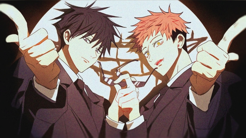 2boys black_eyes black_hair black_jacket black_neckwear black_suit closed_mouth collared_shirt dmsco1803 dress_shirt free! fushiguro_megumi hand_up highres holding holding_eyewear itadori_yuuji jacket jujutsu_kaisen long_sleeves looking_at_viewer male_focus multiple_boys necktie open_mouth pink_hair pointing scar scar_on_face shirt short_hair spiky_hair spotlight sunglasses undercut upper_body white_shirt yellow_eyes