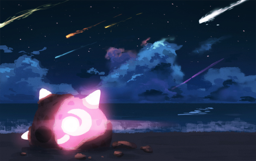 clouds commentary_request gen_7_pokemon glowing highres meteor_shower minior night no_humans one-hour_drawing_challenge outdoors pokemon pokemon_(creature) rend rock sand shore sky solo star_(sky) water