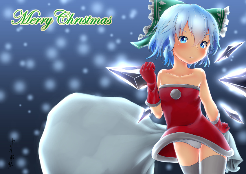 1girl artist_name bangs bare_shoulders black_legwear blue_background blue_eyes blue_hair blush breasts christmas cirno clenched_hand closed_mouth collarbone commentary_request cowboy_shot dress eyebrows_visible_through_hair frilled_ribbon frills fur-trimmed_dress fur-trimmed_gloves fur_trim gloves gradient gradient_background green_ribbon hair_ribbon hand_up highres holding ice ice_wings katsura_dendou looking_at_viewer merry_christmas panties pom_pom_(clothes) red_dress red_gloves ribbon sack santa_costume short_hair sidelocks signature simple_background skindentation small_breasts snowing solo standing strapless strapless_dress thigh-highs touhou underwear v-shaped_eyebrows white_panties wings