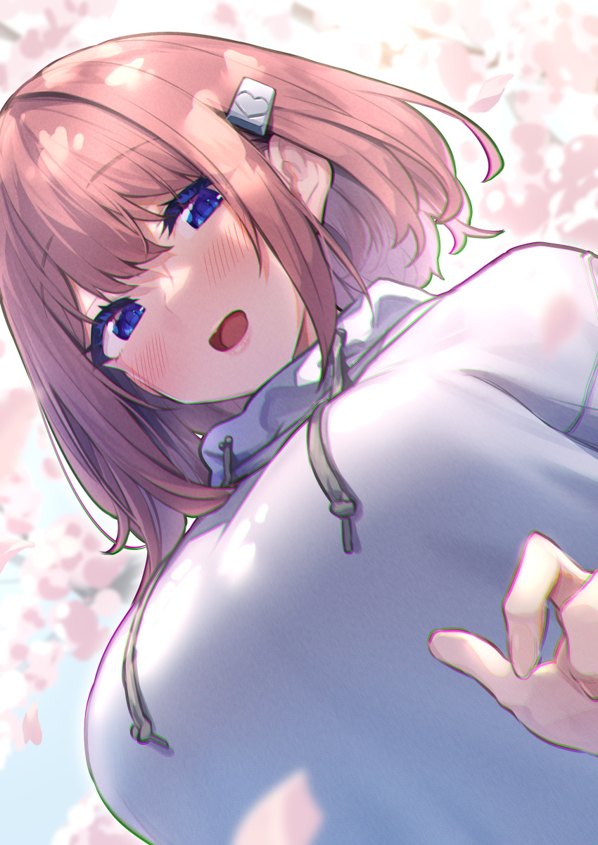 1girl :d absurdres baffu blue_eyes blush breasts brown_hair colored_eyelashes flat_chest from_below hair_ornament hairclip heart highres hitoyo_(baffu) large_breasts looking_at_viewer looking_down open_mouth original short_hair smile sweater upper_body white_sweater