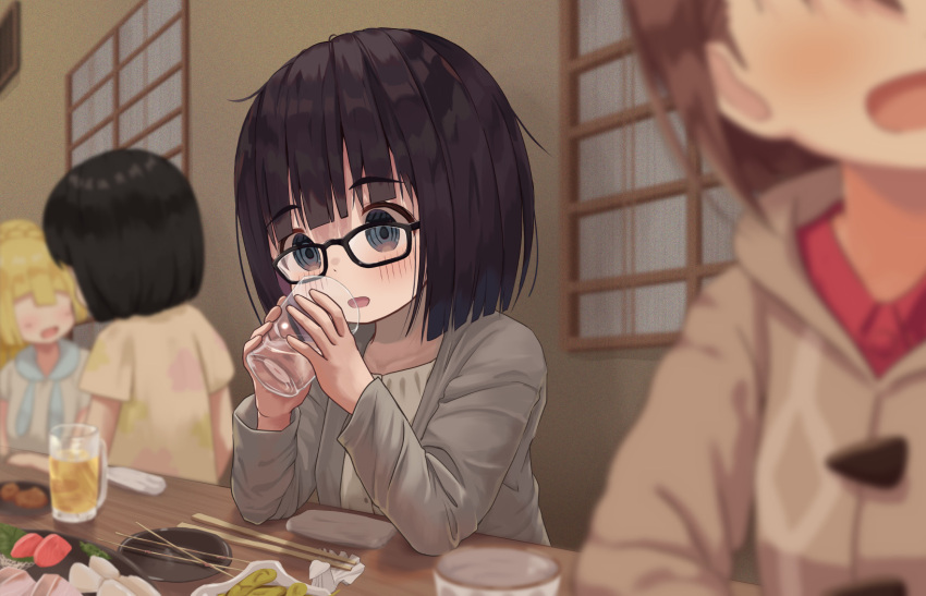 4girls :d bangs black-framed_eyewear black_hair blonde_hair blue_eyes blurry blurry_background blurry_foreground brown_hair chopsticks commentary_request cup depth_of_field drawstring drinking_glass eyebrows_visible_through_hair faceless faceless_female food glasses gloria_(pokemon) grey_jacket highres holding holding_cup indoors jacket lillie_(pokemon) long_sleeves mimikaki_(men_bow) mug multiple_girls open_clothes open_jacket open_mouth original pokemon pokemon_(game) pokemon_sm pokemon_swsh selene_(pokemon) shirt short_hair short_sleeves smile table white_shirt