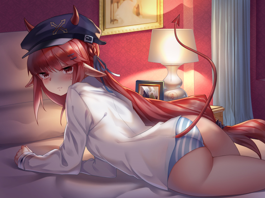 1girl absurdres aluo_7762 arknights ass bangs bed black_headwear blush cabbie_hat crying crying_with_eyes_open curtains doctor_(arknights) hair_ornament hairclip hat highres horns horns_through_headwear indoors kal'tsit_(arknights) lamp long_hair long_sleeves looking_at_viewer low-tied_long_hair lying panties parted_lips picture_frame pointy_ears red_eyes redhead shirt solo striped striped_panties tail tears thighs underwear very_long_hair vigna_(arknights) white_shirt