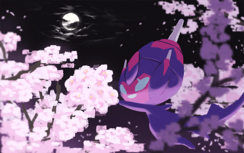 blurry clouds commentary_request flower gen_7_pokemon highres looking_at_object moon night no_humans one-hour_drawing_challenge outdoors pink_flower poipole pokemon pokemon_(creature) rend smile solo ultra_beast