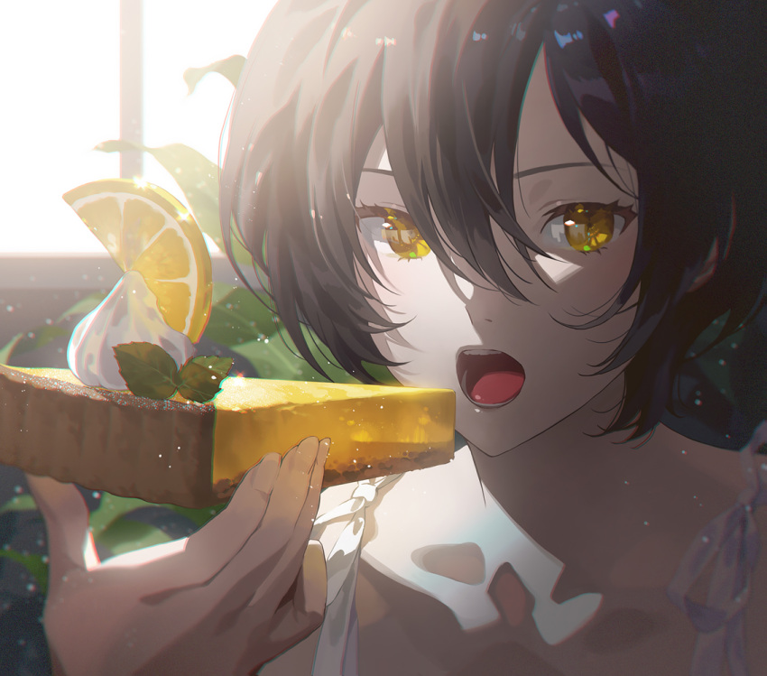1girl bangs black_hair cake cake_slice character_request copyright_request day eating fajyobore food fruit hair_between_eyes holding holding_food icing indoors lemon lemon_slice looking_at_viewer open_mouth plant potted_plant short_hair solo teeth tongue window yellow_eyes