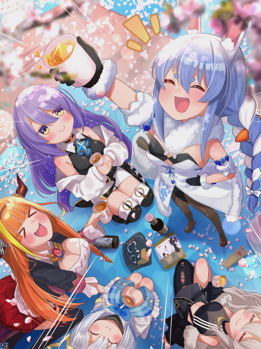 &gt;_&lt; 5girls :3 :d amane_kanata animal_ear_fluff animal_ears arm_up bangs black_legwear black_leotard blue_hair braid commentary_request creature cup don-chan_(usada_pekora) eyebrows_visible_through_hair from_above fur_scarf highres holding holding_cup hololive kiryu_coco leotard long_hair magowasabi moona_hoshinova multiple_girls no_shoes open_mouth pantyhose petals purple_hair rabbit_ears scarf shishiro_botan short_eyebrows sitting smile standing thick_eyebrows twin_braids twintails usada_pekora virtual_youtuber white_scarf