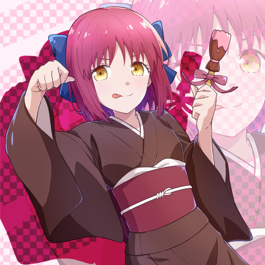 1girl :p azami_masurao blue_ribbon checkered checkered_background chocolate dutch_angle food_request hair_ribbon highres japanese_clothes kimono kohaku_(tsukihime) looking_at_viewer obi paw_pose pink_ribbon ribbon sash short_hair smile solo tongue tongue_out tsukihime upper_body valentine wide_sleeves yellow_eyes zoom_layer