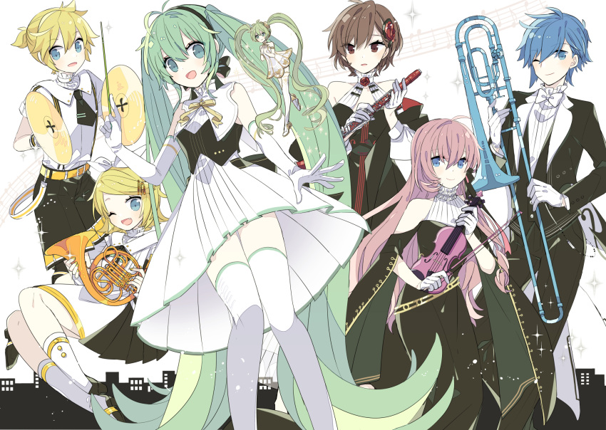 2boys 4girls aqua_eyes aqua_hair ballet_dress ballet_slippers bangs bare_shoulders baton_(instrument) beamed_eighth_notes belt black_dress black_jacket black_neckwear black_shorts black_suit blonde_hair blue_eyes blue_hair boots bow bowtie brown_eyes brown_hair clarinet clothing_cutout cymbals dress dual_persona eighth_note elbow_gloves floating formal french_horn gloves gold_trim hair_bow hair_ornament hairclip halter_top halterneck hatsune_miku highres holding holding_instrument instrument jacket kagamine_len kagamine_rin kaito knee_boots long_hair looking_at_viewer megurine_luka meiko miku_symphony_(vocaloid) minigirl multiple_boys multiple_girls musical_note necktie one_eye_closed open_mouth pink_hair pleated_skirt quarter_note shirt short_hair short_sleeves shorts shoulder_cutout skirt sleeveless sleeveless_shirt smile sparkle spiky_hair staff_(music) standing suit swept_bangs thigh-highs trombone twintails very_long_hair violin violin_bow vocaloid white_bow white_dress white_footwear white_gloves white_legwear white_neckwear white_shirt white_skirt yoshiki zettai_ryouiki