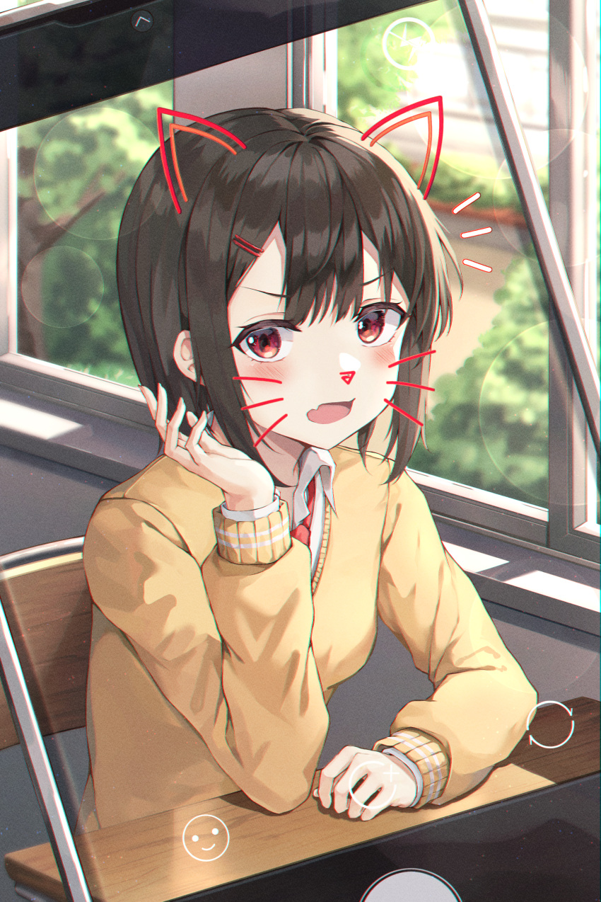 1girl absurdres animal_ears annoyed bangs blush brown_eyes brown_hair brown_sweater cat_ears cat_nose cellphone chair collared_shirt commentary_request fake_animal_ears fake_nose fake_whiskers fang gyungsin hair_ornament hairclip hand_up highres huge_filesize indoors long_sleeves looking_at_viewer notice_lines open_mouth original phone red_neckwear school_chair shirt short_hair sitting skin_fang smartphone solo sweater taking_picture white_shirt window