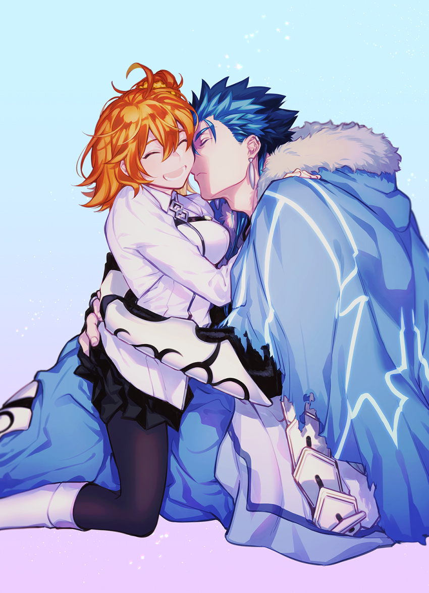 1boy 1girl ahoge black_legwear black_skirt blue_background blue_cape blue_hair boots cape chaldea_uniform closed_eyes closed_mouth cu_chulainn_(fate)_(all) cu_chulainn_(fate/grand_order) fate/grand_order fate_(series) fujimaru_ritsuka_(female) gradient gradient_background hetero highres hug knee_boots kneeling long_hair open_mouth orange_hair pantyhose purple_background shirt short_hair skirt smile uni_(nico02) white_footwear white_shirt