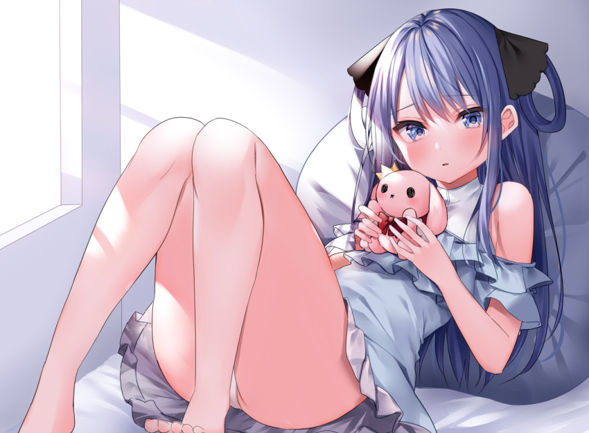1girl ass bangs bare_legs bare_shoulders barefoot bed_sheet black_ribbon blue_dress blue_eyes blue_hair blush bow commentary_request crown dress eyebrows_visible_through_hair feet_out_of_frame frilled_dress frills hair_between_eyes hair_ribbon hair_rings holding holding_stuffed_toy knees_up komomo_(ptkrx) long_hair looking_at_viewer lying mini_crown off-shoulder_dress off_shoulder on_back original panties parted_lips pillow red_bow ribbon shirt sleeveless sleeveless_shirt solo stuffed_animal stuffed_bunny stuffed_toy tilted_headwear underwear very_long_hair white_panties white_shirt window