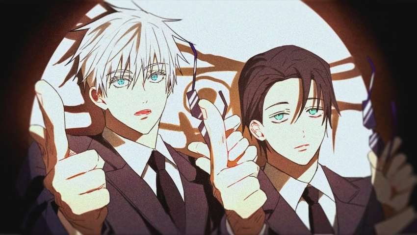 aqua_eyes bangs black_hair black_jacket black_neckwear black_suit blue_eyes closed_mouth collared_shirt dmsco1803 dress_shirt formal free! gojou_satoru hair_between_eyes hand_up highres holding holding_eyewear jacket jujutsu_kaisen long_sleeves looking_at_viewer necktie okkotsu_yuuta open_mouth pointing shirt short_hair spotlight sunglasses upper_body white_hair white_shirt